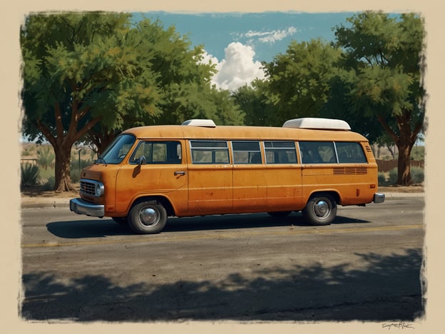 Auf dem Bild ist ein orangefarbener Bus zu sehen, der an einer Straße steht und von Bäumen umgeben ist. Er erinnert an nostalgische Reisen und Abenteuer im Freien.Für ein authentisches Erlebnis könnten Sie eine Reise in einem ähnlich gestalteten Oldtimer-Bus planen. Dabei könnten Sie atemberaubende Landschaften erkunden und an lokalen Märkten oder Festivals teilnehmen, um die Kultur der Region hautnah zu erleben. Möglicherweise gibt es auch geführte Touren, die interessante Geschichten über die Umgebung und die Geschichte der Transportmittel erzählen.