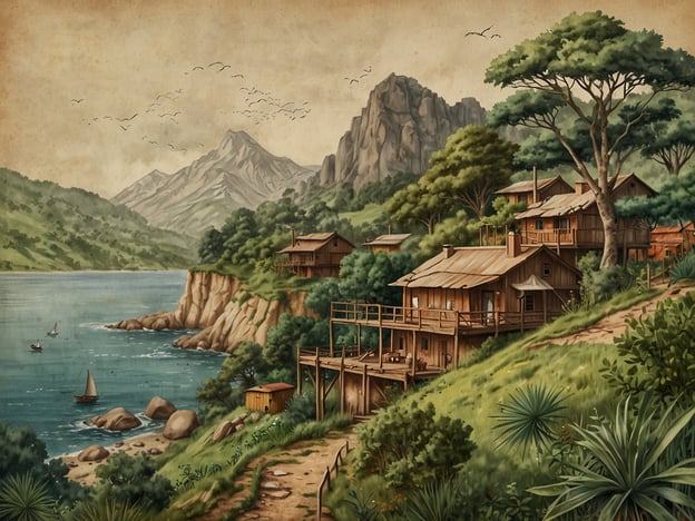 Das Bild zeigt eine malerische Landschaft mit einem ruhigen Gewässer, umgeben von üppiger Vegetation und sanften Hügeln. Es gibt mehrere charakteristische Holzhäuser, die auf den Klippen stehen, sowie einige Boote auf dem Wasser.In Bezug auf nachhaltigen Tourismus auf den Komoren könnte dieses Bild eine ideale Kulisse darstellen, die die natürliche Schönheit der Region betont. Nachhaltiger Tourismus dort könnte Möglichkeiten bieten, die reiche Flora und Fauna zu erleben, während gleichzeitig die lokale Kultur und die Umwelt geschützt werden. Die Betonung auf umweltfreundlichen Unterkünften und Aktivitäten könnte die Besucher ermutigen, respektvoll mit der Natur umzugehen und die lokale Gemeinschaft zu unterstützen.