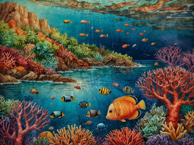 Auf dem Bild ist eine lebendige Unterwasserlandschaft zu sehen, die das marine Ökosystem von Mayotte widerspiegelt. Die Darstellung zeigt bunte Korallenriffe, die eine Vielzahl von tropischen Fischen beherbergen. Diese Riffe sind charakteristisch für die Gewässer rund um Mayotte, die für ihre Artenvielfalt und den klaren, blauen Ozean bekannt sind.Die Korallenriffe bieten nicht nur Lebensraum für zahlreiche Fische, sondern sind auch wichtig für den Küstenschutz und das Gleichgewicht des marine Lebens. Das Bild vermittelt die Schönheit und Fragilität dieses einzigartigen Ökosystems, das es zu schützen gilt.