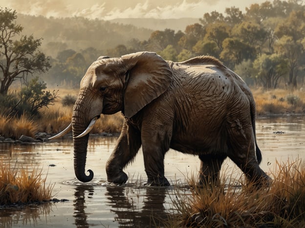 Auf dem Bild ist ein majestätischer Elefant zu sehen, der durch ein ruhiges Gewässer watet. Seine Haut ist leicht nass und reflektiert das sanfte Licht der Umgebung, während er durch das Wasser schreitet. Um ihn herum erstrecken sich hohe Gräser und vereinzelt Bäume, die die natürliche Schönheit der Savanne widerspiegeln.Ein einzigartiges Erlebnis mit Elefanten könnte sein, einen solchen Zeitpunkt in der Wildnis zu beobachten, wenn sie mit ihren Familiengruppen interagieren. Es ist beeindruckend, ihre sozialen Bindungen zu sehen, wenn sie sich gegenseitig helfen oder ihre jungen Tiere beschützen. Oft spielen die jungen Elefanten fröhlich im Wasser, spritzen sich gegenseitig und zeigen, wie verspielt und intelligent diese Tiere sind. Solche Beobachtungen lassen einen die majestätische Anmut und die emotionale Tiefe dieser Tiere noch mehr schätzen.