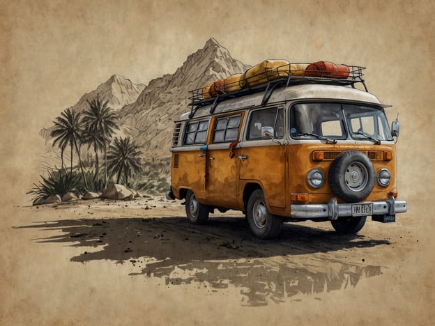 Auf dem Bild ist ein orangefarbener VW-Bus zu sehen, der in einer landschaftlich reizvollen Umgebung steht, umgeben von Bergen und Palmen. Dieses Fahrzeug symbolisiert nicht nur die Freiheit des Reisens, sondern kann auch als Beispiel für nachhaltigen Tourismus betrachtet werden.Nachhaltigkeit bedeutet, bewusst mit unseren Ressourcen umzugehen und die Umwelt zu schonen. Der VW-Bus, oft mit einem kultigen und umweltbewussten Lebensstil assoziiert, lädt dazu ein, die Natur zu erkunden, während man Verantwortung für den eigenen ökologischen Fußabdruck übernimmt. Solche Fahrzeuge können mit umweltfreundlichen Technologien ausgestattet werden, um umweltbewusste Reisen zu fördern.Das Bild regt dazu an, über die Verbindung zwischen Abenteuer und Verantwortungsbewusstsein nachzudenken und zeigt, dass wir die wunderschöne Natur respektieren sollten, während wir sie genießen.