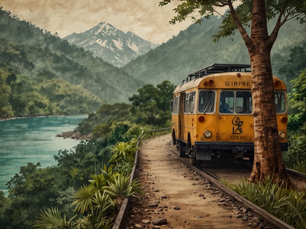 Auf dem Bild ist ein alter, gelber Bus zu sehen, der an einem schmalen Weg entlang eines Flusses steht, umgeben von üppiger Naturlandschaft, mit Bergen im Hintergrund. Dieses Bild kann symbolisch für Nachhaltigkeit und Artenschutz stehen, indem es die Schönheit und Komplexität der Natur darstellt.Die erhaltene Landschaft erinnert uns daran, wie wichtig es ist, natürliche Lebensräume sowohl für die Tierwelt als auch für zukünftige Generationen zu bewahren. Der Bus könnte als Hinweis auf umweltfreundliche Transportmittel dienen, die helfen, Emissionen zu reduzieren und den CO2-Fußabdruck zu verringern.Durch den Schutz solcher Landschaften können wir nicht nur die Biodiversität sichern, sondern auch das Bewusstsein für nachhaltige Praktiken fördern, die unseren Planeten schützen.