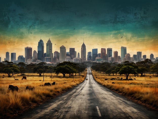 Auf dem Bild ist eine fantastische Landschaft zu sehen, die Elemente von Natur und urbaner Architektur kombiniert. Im Vordergrund führt eine breite Straße durch eine offene Savanne, die mit hohem, goldenem Gras und einigen Bäumen bedeckt ist. Grasende Tiere fügen ein wildes, naturnahes Element hinzu.Im Hintergrund erhoben sich beeindruckende Wolkenkratzer, die eine lebendige und moderne Skyline darstellen. Diese Mischung aus Natur und urbaner Entwicklung spiegelt das pulsierende Leben wider, das man in Nairobi erleben kann. Entdecke Nairobi: Die pulsierende Hauptstadt, wo Tradition und Moderne harmonisch miteinander verbunden sind!