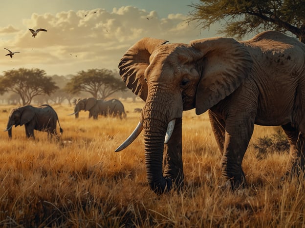Auf dem Bild sind Elefanten in einer afrikanischen Savanne zu sehen. Diese majestätischen Tiere bewegen sich durch das hohe, goldene Gras, während einige Vögel am Himmel fliegen. Die Szene vermittelt das Gefühl von Abenteuer und der unberührten Natur, perfekt für ein Safari-Abenteuer auf den Spuren der Big Five. Die Elefanten sind Teil dieser beeindruckenden Tierwelt, die in vielen Safaris zu erleben ist.