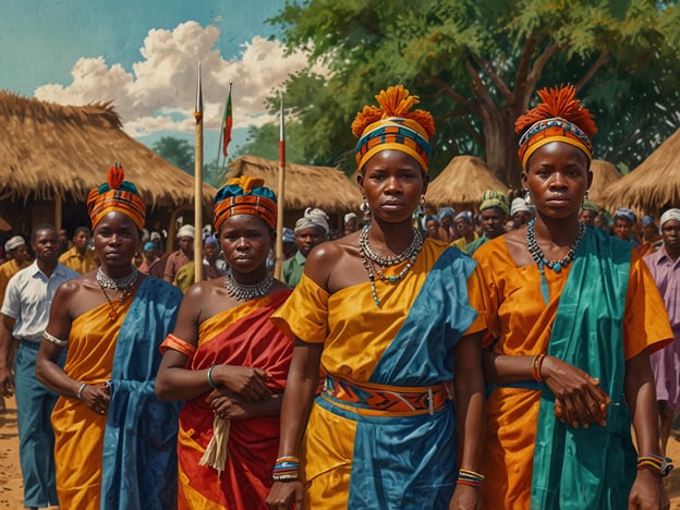Auf dem Bild sind traditionell gekleidete Frauen zu sehen, die in einer zeremoniellen Aufstellung stehen. Ihre bunten Stoffe und Kopfbedeckungen spiegeln die kulturellen Bräuche Sambias wider, wo Farben und Muster oft symbolische Bedeutungen haben.Die Frauen tragen Schmuck, der in vielen afrikanischen Kulturen eine wichtige Rolle spielt, um Status, Errungenschaften oder Zugehörigkeit zu einer bestimmten Gemeinschaft zu zeigen. Im Hintergrund ist eine Versammlung von Menschen zu sehen, die möglicherweise an einem Fest oder einer Feier teilnehmen, was in der sambischen Kultur häufig der Fall ist, um Gemeinschaft und Tradition zu feiern. Solche Veranstaltungen sind oft geprägt von Tanz, Musik und rituellen Handlungen, die die kulturelle Identität stärken.Die Lebensweise in Sambia ist stark von Gemeinschaftssinn, Respekt vor den Ahnen und der Bewahrung von Traditionen geprägt. Feste und Zeremonien sind zentrale Elemente, die die Kultur lebendig halten und die sozialen Bindungen innerhalb der Dorfgemeinschaften stärken.