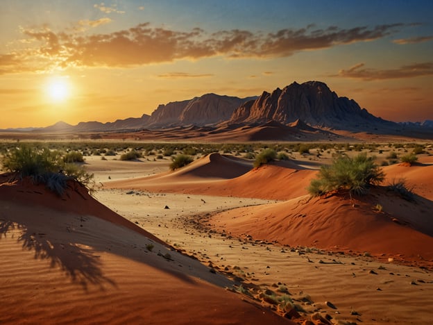 Auf dem Bild ist eine Landschaft zu sehen, die sehr an die Kalahari-Wüste erinnert. Die Szene zeigt sanfte Sanddünen, die in warmen Farben leuchten, und im Hintergrund sind beeindruckende Felsen oder Berge zu sehen. Der Sonnenuntergang taucht die Landschaft in ein sanftes, gold-orange Licht, was eine friedliche und majestätische Atmosphäre schafft. Die Vegetation ist spärlich, was für die karge Schönheit der Wüste typisch ist.