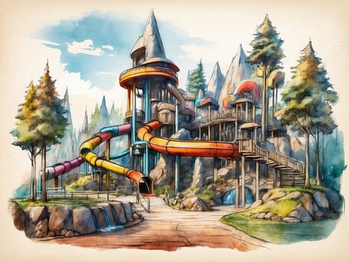 Der Abenteuerpark Geiersthal zeigt eine farbenfrohe Wasser-Rutsche, die von einer hohen Plattform aus startet. Rund um die Rutsche sind Bäume und Felsen, die eine natürliche Kulisse bilden. Die Architektur der Plattform besteht aus Holz und bietet mehrere Ebenen, die durch Treppen verbunden sind. Im Hintergrund sind Gipfel und eine bewaldete Landschaft zu sehen, während am Fuß der Rutsche ein kleiner Wasserfall plätschert. Der Himmel ist klar und blau, was eine einladende Atmosphäre schafft.