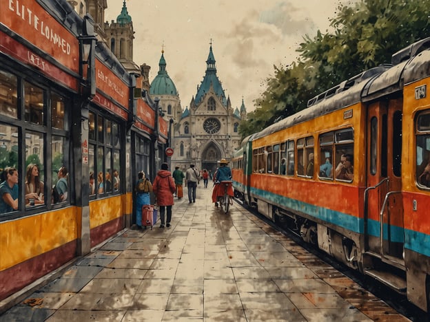 Auf dem Bild ist eine lebhafte Straßenszene zu sehen, die von charmanten Cafés und einem bunten Zug gesäumt ist. Im Hintergrund ragt eine beeindruckende Kirche mit einer markanten Architektur empor, die die Augen des Betrachters auf sich zieht. Die Straße ist belebt mit Fußgängern, die entweder mit Koffern reisen oder einfach die Atmosphäre genießen.### Reise-Highlights und Tipps:1. **Entdecke die Architektur**: Achte besonders auf die faszinierenden Details der Kirchenfassade. Plane einen Besuch, um die Innenräume zu erkunden, falls das möglich ist.2. **Genieße die lokale Gastronomie**: Die Cafés am Straßenrand laden dazu ein, die lokale Küche zu probieren. Probiere regionale Spezialitäten oder gönne dir einen Kaffee, während du das Treiben beobachtest.3. **Nutze öffentliche Verkehrsmittel**: Der Zug im Bild bietet eine hervorragende Möglichkeit, die Umgebung zu erkunden. Informiere dich über die Fahrpläne und nutze die Gelegenheit, verschiedene Stadtteile zu besuchen.4. **Fotospots**: Diese Straße scheint ein schöner Ort für Fotos zu sein. Versuche, zu verschiedenen Tageszeiten zu kommen, um unterschiedliche Lichtverhältnisse zu nutzen.5. **Spaziere umher**: Lass dich durch die Straßen treiben und entdecke versteckte Ecken und Geschäfte. Oft findet man die besten Erlebnisse abseits der ausgetretenen Pfade.Viel Spaß beim Entdecken dieser lebhaften Stadt!