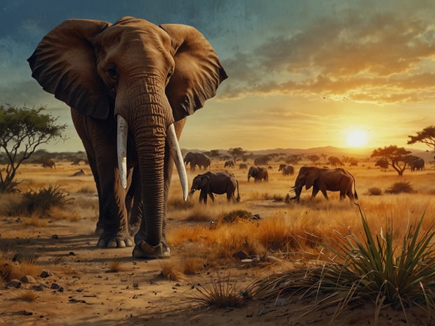 Auf dem Bild sind mehrere Elefanten in einer afrikanischen Savanne zu sehen. Es scheint ein Sonnenuntergang im Hintergrund zu sein, der eine warme, goldene Stimmung erzeugt. Die Landschaft ist geprägt von trockenen Gräsern und vereinzelten Bäumen.Angola, ein Land im südlichen Afrika, ist bekannt für seine vielfältige Tierwelt, darunter auch Elefanten. Diese majestätischen Tiere sind ein Symbol für die reiche Natur des Landes und leben oft in solchen savannenähnlichen Gebieten. Angolas Tierwelt und Landschaften ziehen viele Naturliebhaber und Touristen an.