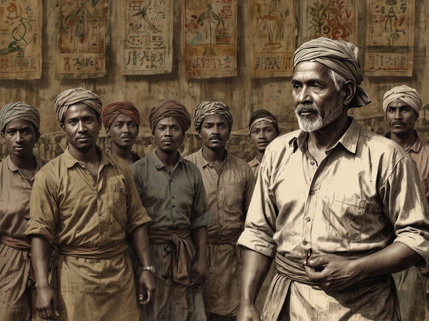 Auf dem Bild sind mehrere Männer zu sehen, die traditionelle Kleidung tragen. Die Kopfbedeckungen und das Farbschema deuten darauf hin, dass sie aus einer Kultur stammen, in der solche Tücher häufig genutzt werden, möglicherweise aus Südasien, wo Turbane oder ähnliche Stoffe eine wichtige Rolle in der Tradition spielen.Die Szene könnte in einem historischen oder kulturellen Kontext verortet sein, möglicherweise in einer Gemeinschaft, die agrarisch oder handwerklich tätig ist. Die Männer scheinen ernsthaft und solidarisch, was auf eine starke Gemeinschaft oder Gruppenzugehörigkeit hinweist.Die Wand im Hintergrund zeigt einige Symbole oder Schriftzeichen, die möglicherweise religiöse oder kulturelle Bedeutung haben. Dies könnte einen Hinweis auf das Erbe und die Traditionen der abgebildeten Personen geben und darauf hinweisen, dass sie eine tief verwurzelte Verbindung zu ihrer Kultur und Geschichte haben. Insgesamt vermittelt das Bild einen Eindruck von Tradition, Identität und Zusammenhalt innerhalb einer Gemeinschaft.
