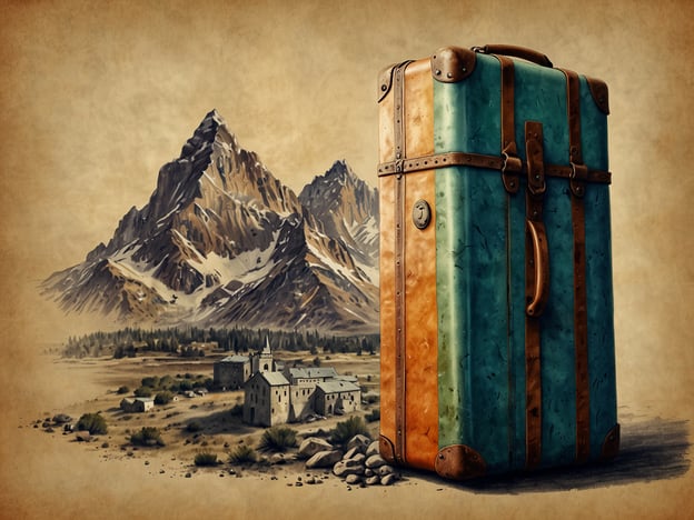 Auf dem Bild ist ein großer Koffer zu sehen, der vor einer beeindruckenden Berglandschaft platziert ist. Die Kofferoberfläche zeigt eine Kombination aus grünem und orangefarbenem Material, das nostalgisch wirkt. Im Hintergrund erheben sich majestätische Berge, während im Vordergrund eine kleine Ansiedlung oder ein Gebäude sichtbar ist. Die gesamte Szenerie hat einen vintage-artigen Stil und vermittelt eine Atmosphäre von Abenteuer und Reisen.**Fazit:** Der Koffer symbolisiert das Reisen, die Entdeckung neuer Orte und das Sammeln von Erinnerungen. Die Kombination mit der beeindruckenden Naturkulisse unterstreicht das Thema der Fernreise und die Sehnsucht nach Abenteuern.**Ausblick:** Diese Bildkomposition könnte als Inspirationsquelle dienen, um über Reiseerlebnisse, persönliche Geschichten oder auch die Schönheit der Natur nachzudenken. Sie regt dazu an, eigene zukünftige Reisen zu planen und neue Horizonte zu erkunden.