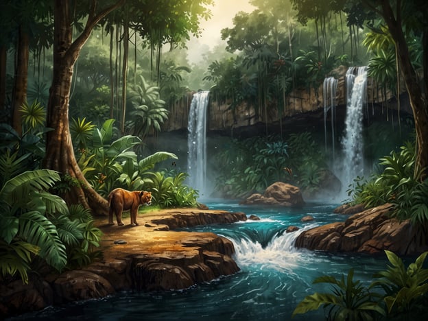 Auf dem Bild ist eine majestätische Dschungellandschaft zu sehen. Ein sanfter Fluss schlängelt sich durch die üppige grüne Vegetation, während die Wassermassen von zwei Wasserfällen in das kristallklare Wasser plätschern. Am Ufer steht ein majestätisches Tier, das friedlich die Umgebung erkundet, während faszinierende Pflanzen und lebhaftes Leben den Dschungel umgeben.Stell dir vor, wie du in dieser wildromantischen Kulisse Abenteuer erlebst: Vielleicht erkundest du versteckte Pfade, hörst die exotischen Geräusche der Tierwelt und entdeckst seltene Pflanzen. Jeder Schritt bringt neue Entdeckungen und aufregende Erlebnisse im Herzen des Dschungels!