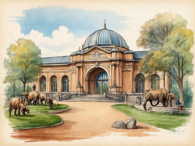 Auf dem Bild ist eine künstlerische Darstellung eines Gebäudes zu sehen, das an den Zoologischen Garten Berlin angelehnt ist. Die Architektur mit dem gewölbten Dach und den geschwungenen Fenstern könnte das historische Elefantenhaus darstellen, ein bedeutendes Bauwerk des Zoos.Der Zoologische Garten Berlin wurde 1844 eröffnet und ist einer der ältesten Zoos der Welt. Besonders bemerkenswert ist, dass er das erste Elefantenhaus in Deutschland hatte. Auf dem Bild sind mehrere Elefanten dargestellt, die auf der Wiese stehen und an Pflanzen fressen. Diese Tiere sind ein wichtiger Bestandteil des Zootierbestands und ziehen viele Besucher an. Die Umgebung ist grün und einladend, was die Philosophie des Zoos widerspiegelt, den Tieren ein artgerechtes Lebensumfeld zu bieten.Die liebevolle Gestaltung des Gebäudes und die ruhige Szene fördern eine Verbindung zur Natur und den Tieren, die im Zoo leben. Der Zoologische Garten Berlin hat sich im Laufe der Jahre immer wieder weiterentwickelt und bemüht sich, Bildungsarbeit und Artenschutz zu verbinden.