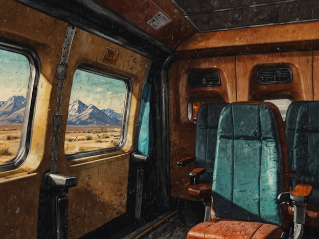 Auf dem Bild ist der Innenraum eines Fahrzeugs zu sehen, möglicherweise eines Flugzeugs oder eines anderen Transportmittels. Durch die Fenster sieht man eine beeindruckende Alpenlandschaft, die jedoch auch einige Herausforderungen und Bedrohungen darstellen kann.**Herausforderungen:**- Die Abgeschiedenheit der Umgebung könnte auf Schwierigkeiten beim Zugang zu Ressourcen oder Unterstützung hinweisen.- Wetterbedingungen wie Regen oder Sturm könnten die Reise gefährlich machen.**Bedrohungen:**- Besucher in solch abgelegenen Gegenden sind potenziellen Risiken wie unvorhersehbaren Witterungen oder Naturereignissen ausgesetzt.- Die Einsamkeit der Landschaft könnte auch ein Gefühl der Isolation hervorrufen, was psychische Belastungen mit sich bringen könnte.Insgesamt vermittelt das Bild ein Gefühl von Abenteuer, während es gleichzeitig auf die möglichen Gefahren in einer abgelegenen Umgebung hinweist.
