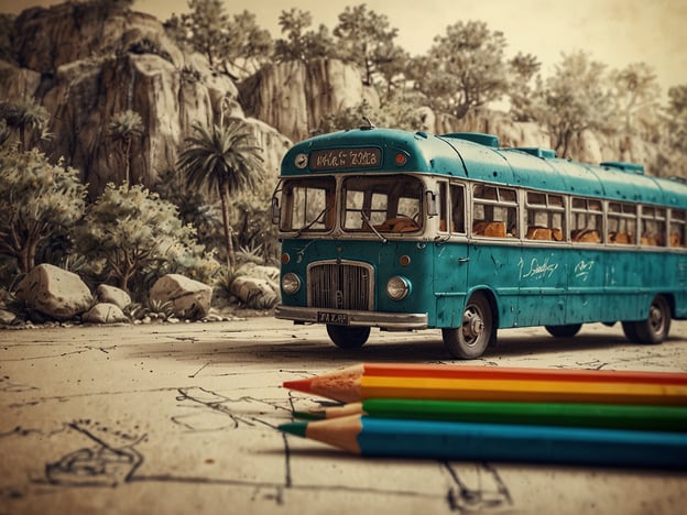 Auf dem Bild ist ein nostalgischer, blauer Bus zu sehen, der in einer natürlichen Umgebung platziert ist, umgeben von Bäumen und Felsen. Im Vordergrund liegen einige Buntstifte, was auf kreatives Arbeiten oder Entwerfen hindeutet.In Zukunft könnte dieser Bus als Symbol für nachhaltige Mobilität dienen, insbesondere in einer Zeit, in der umweltfreundliche Alternativen immer wichtiger werden. Ein solcher Bus könnte mit modernen, emissionsarmen Antriebstechnologien ausgestattet werden, um die Umweltbelastung zu minimieren und den CO2-Fußabdruck zu reduzieren.Das Bild inspiriert zudem dazu, die Natur zu schätzen und innovative Ideen zu entwickeln, die sowohl Kreativität als auch Nachhaltigkeit fördern. Ein kreativer Ansatz zur Planung von Lebensräumen und Transportmitteln könnte dazu beitragen, dass unsere Städte lebenswerter und umweltfreundlicher werden.
