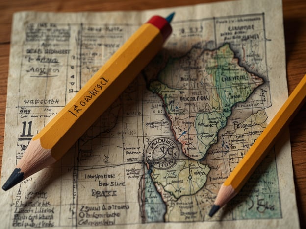 Auf dem Bild ist eine alte Karte zu sehen, die von zwei Buntstiften umgeben ist. Die Karte könnte verschiedene geografische Informationen und möglicherweise historische Notizen enthalten.### Herausforderungen:- **Verstehen der Karteninformation:** Die entzifferbare Schrift und die Symbole auf der Karte könnten schwer zu interpretieren sein, was das Verständnis der dargestellten Informationen erschwert.- **Kulturelle Unterschiede:** Die Karte könnte verschiedene Sprachen und Schriftzeichen verwenden, was internationale Kooperationen oder Diskussionen komplizieren könnte.### Chancen:- **Lernmöglichkeit:** Die Karte bietet die Gelegenheit, sich mit historischer Geografie und den Kulturen der dargestellten Regionen auseinanderzusetzen.- **Kreativität fördern:** Die Buntstifte laden dazu ein, eigene Notizen oder Skizzen zu machen, was die Kreativität anregt und die Interaktion mit dem Kartenmaterial fördert.