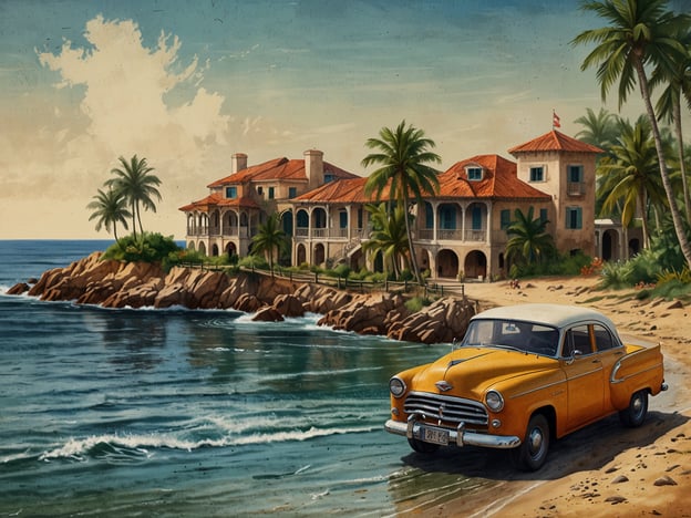 Auf dem Bild ist eine malerische Küstenlandschaft zu sehen. Im Vordergrund steht ein klassisches, gelbes Auto am Strand, während das Wasser sanft an den Sand schlägt. Im Hintergrund befindet sich ein prächtiges, mehrstöckiges Gebäude mit rotem Dach und großen Fenstern, umgeben von Palmen. Die Szenerie vermittelt ein Gefühl von Entspannung und idyllischem Urlaubsort.Weitere Highlights entlang der Küste könnten traumhafte Strände, beeindruckende Klippen oder charmante Küstenorte sein, die zu Erkundungen und Erholung einladen. Solche Orte bieten oft auch Möglichkeiten zum Wassersport und sind ideal für wunderschöne Sonnenuntergänge.