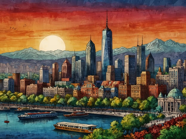 Auf dem Bild ist eine malerische Stadtansicht zu sehen, die von hohen Gebäuden, einem Fluss und Bergen im Hintergrund geprägt ist. Die lebhaften Farben des Sonnenuntergangs verleihen der Szene eine warme Stimmung.Diese Darstellung erinnert an Städte wie New York, insbesondere durch den markanten Wolkenkratzer, der dem One World Trade Center ähnelt. Zu den Attraktionen in New York gehören der Central Park, das Metropolitan Museum of Art und die beeindruckende Skyline, die aus verschiedenen ikonischen Gebäuden besteht.Der Fluss im Vordergrund könnte auf ein lebendiges Hafenleben hinweisen, ähnlich wie die Anlegestellen in Manhattan, wo Bootsfahrten und Freizeitaktivitäten an der Wasserfront stattfinden. Die grünen Bäume und gepflasterten Wege schaffen eine einladende Atmosphäre für Spaziergänge und Erkundungen.Insgesamt strahlt das Bild eine dynamische urbanen Lebensweise aus, angereichert mit kulturellen Erlebnissen und Naturschönheiten.