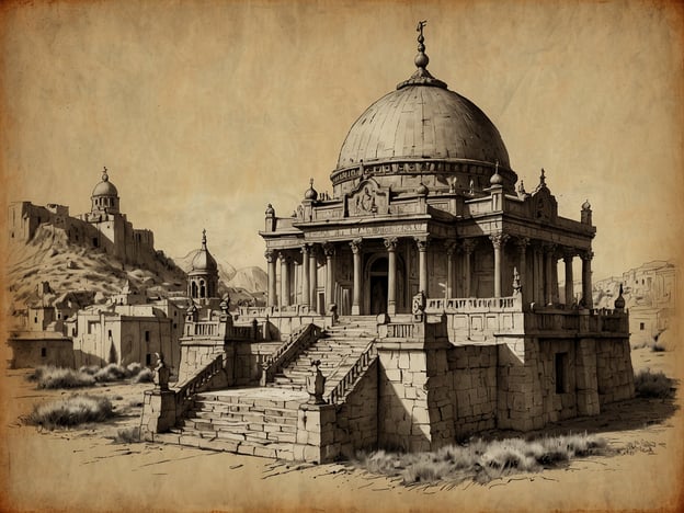 Auf dem Bild ist ein imposantes architektonisches Bauwerk zu sehen, das möglicherweise als Tempel oder Mausoleum dient. Die detaillierte Gestaltung der Fassade, die gewölbte Kuppel sowie die kunstvollen Verzierungen deuten auf eine reiche kulturelle und historische Tradition hin.
Solche Bauwerke sind oft tief mit dem kulturellen Erbe einer Region verbunden und spiegeln die künstlerischen und religiösen Hintergründe wider. Die Treppen und die Säulen könnten auch symbolisch für den Aufstieg zu höheren spirituellen Ebenen stehen, was in vielen Kulturen eine wichtige Rolle spielt.
In der Umgebung sind weitere Strukturen zu erkennen, die auf eine historische Siedlung hindeuten. Diese Art von Architektur und die dazugehörigen Traditionen sind oft Ausdruck der Geschichte und der sozialen Struktur der jeweiligen Zivilisation. Solche Stätten sind wichtig für die Bewahrung des Erbes und die Weitergabe von kulturellen Werten an zukünftige Generationen.
