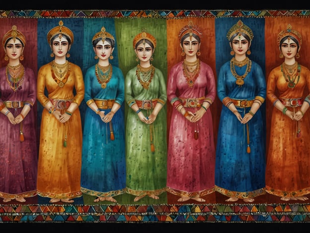 Auf dem Bild sind mehrere Frauen zu sehen, die in farbenfrohen traditionellen Kleidern gekleidet sind. Sie stehen in einer Reihe und scheinen ähnliche Posen einzunehmen, was einen Eindruck von Gemeinschaft und Zusammengehörigkeit vermittelt. Diese Darstellung erinnert an kulturelle Feierlichkeiten, in denen traditionelle Trachten eine wichtige Rolle spielen.Die Kultur Guineas ist durch ihre Vielfalt und reichhaltigen Traditionen geprägt. Farbige Kadellen und Muster in Kleidung sind bedeutend, da sie oft die soziale Zugehörigkeit und die regionalen Unterschiede symbolisieren. Die dargestellten Frauen könnten somit als Symbol für die Stärkung der weiblichen Gemeinschaft und der kulturellen Identität angesehen werden, auch wenn sie keine spezifischen Merkmale der guineischen Kultur tragen.