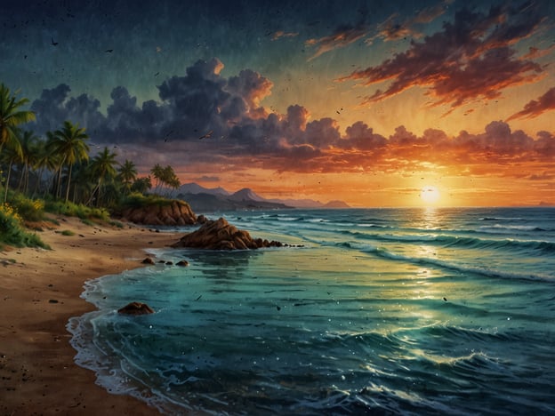 Auf dem Bild ist eine malerische Küstenlandschaft zu sehen. Die Sonne geht gerade am Horizont unter und taucht den Himmel in warmen Farben wie Orange und Rosa. Am Strand stehen Palmen, die für tropische Atmosphäre sorgen. Das Wasser ist ruhig und glitzert in verschiedenen Blautönen, während sanfte Wellen gegen den Strand rollen.In einer solchen Umgebung könnte man die Vielfalt der Tierwelt beobachten, wie zum Beispiel Vögel, die über das Wasser fliegen, und möglicherweise Fische, die in den klaren Gewässern schwimmen. Auch Meeresschildkröten oder Quallen könnten in dieser Küstenregion vorkommen, während der Strand Lebensraum für verschiedene Krabbenarten bieten könnte, die sich im Sand verstecken. Die gesamte Szenerie strahlt Ruhe und natürliche Schönheit aus.