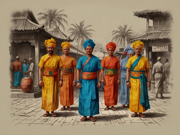 Auf dem Bild sind mehrere Personen in traditioneller Kleidung zu sehen, die farbenfroh gestaltet ist. Die Männer tragen turbans und lange Gewänder, die in verschiedenen Farben wie Blau, Gelb, Orange und Rot gehalten sind. Solche Kleidungsstücke können auf kulturelle Bräuche hinweisen, die möglicherweise aus südasiatischen Regionen stammen, wo solch bunte Kleidung oft bei festlichen Anlässen getragen wird.Die Präsenz von Töpfen und der Architektur im Hintergrund deutet darauf hin, dass es sich um einen Marktplatz oder eine historische Stätte handeln könnte. Diese Elemente zeigen die reichhaltige Kultur und die Bräuche, die in sozialen und geschäftlichen Zusammenhängen praktiziert werden. Die freundliche Haltung der Personen könnte auf die Bedeutung von Gastfreundschaft und Gemeinschaft in vielen Kulturen hinweisen.