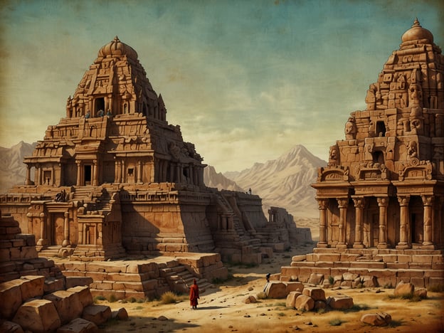 Mali, ein Land mit einer reichen kulturellen und historischen Vergangenheit, war einst das Zentrum eines großen Reiche, das für seinen Handel, seine Bildung und seine beeindruckende Architektur bekannt war. Besonders die Stadt Timbuktu, die während der Blütezeit des Mali-Reiches im 14. Jahrhundert florierte, ist berühmt für ihre Moscheen und Universitäten.Auf dem Bild sind imposante steinerne Tempel oder Ruinen zu sehen, die an die majestätische Architektur erinnern, die für alte Zivilisationen typisch ist. Während die Gebäude an die monumentalen Strukturen des historischen Mali oder an ähnliche architektonische Meisterwerke erinnern, zeigen sie auch eine beeindruckende Detailvielfalt. Im Vordergrund befindet sich eine Person, die auf die Ruinen zugeht, was ein Gefühl von Erkundung und Ehrfurcht vermittelt. Die sonnige Landschaft und die Berge im Hintergrund verstärken die Erhabenheit der Szenerie.
