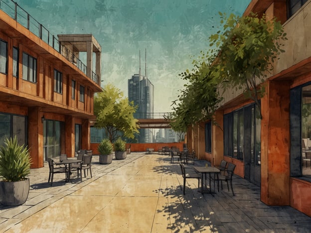 Auf dem Bild ist ein modernes, urbanes Terrassenszenario zu sehen, das durch seine Architektur und Umgebung geprägt ist. Die Kombination aus den klaren Linien der Gebäude und den natürlichen Elementen wie Bäumen und Pflanzen zeigt, wie moderne Architektur auf Nachhaltigkeit und Lebensqualität abzielt.Eine der Herausforderungen in solchen urbanen Räumen besteht darin, den Platz effizient zu nutzen, ohne die Lebensqualität der Anwohner zu beeinträchtigen. Zudem steht die Integration von Grünflächen im Vordergrund, um den CO2-Ausstoß zu reduzieren und das Mikroklima zu verbessern.Ein weiterer Einfluss ist der Trend zu offenen, einladenden Räumen, die nicht nur den Bewohnern, sondern auch den Besuchern zugutekommen. Die Möbel auf der Terrasse laden zur Interaktion und zum Verweilen ein, was in einer zunehmend digitalisierten Welt wichtig ist, um Gemeinschaften zu fördern.