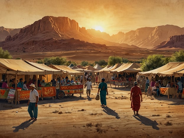Auf dem Bild ist ein belebter Markt in einer Wüstenlandschaft zu sehen, vermutlich bei Sonnenuntergang. Diese Szenerie könnte symbolisch für die lebendige Kultur in Niger stehen, wo traditionelle Märkte eine zentrale Rolle im sozialen und wirtschaftlichen Leben spielen.In Niger sind Märkte oft Orte, wo sich Menschen versammeln, um Waren auszutauschen, lokale Produkte zu kaufen und sich auszutauschen. Die Anordnung von Ständen und die Interaktion zwischen den Verkäufern und Käufern spiegeln die Gemeinschaftsbindung wider, die in der nigrischen Kultur stark ausgeprägt ist.Die Berglandschaft im Hintergrund könnte die beeindruckende natürliche Schönheit des Landes repräsentieren, während die orangefarbenen und goldenen Töne des Sonnenuntergangs eine warme und einladende Atmosphäre schaffen, die typisch für die Region ist. Solche Erlebnisse sind nicht nur wirtschaftlich, sondern auch kulturell wertvoll, da sie das Gemeinschaftsgefühl und die Traditionen am Leben erhalten.