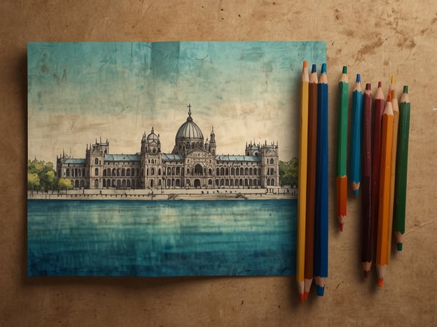 Auf dem Bild ist eine Zeichnung eines beeindruckenden Gebäudes zu sehen, das Architektur und Kunst vereint. Die Darstellung zeigt möglicherweise ein historisches Wahrzeichen, das an einem Gewässer liegt, umgeben von Bäumen und Spaziergängern.Die lebendigen Farben der Buntstifte deuten darauf hin, dass es sich um ein kreatives Projekt handelt, bei dem das Gebäude vielleicht koloriert werden soll. Dies könnte eine Hommage an kulturelle Highlights sein, die in vielen Städten zu finden sind, wie Museen, Paläste oder Rathausgebäude, die oft ein Symbol für die Geschichte und Kunst einer Region darstellen.Insgesamt vermittelt das Bild ein Gefühl von Kreativität und kultureller Wertschätzung.