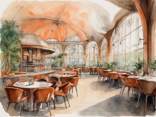 Auf dem Bild ist ein stilvolles Restaurant mit großen Fenstern und einem modernen Interieur zu sehen. Die Tische sind elegant gedeckt und die Sitzmöbel sind in einem warmen Farbton gehalten. Pflanzen tragen zur angenehmen Atmosphäre bei.In einem Zoo könnte ein solches Restaurant eine Vielzahl von gastronomischen Angeboten bereitstellen, darunter frische, regionale Küche, kinderfreundliche Snacks sowie vegetarische und vegane Optionen. Besucher könnten während ihrer Erkundungstour eine entspannende Pause einlegen und die Aussicht auf die Tiergehege genießen. Solche gastronomischen Angebote sind oft so gestaltet, dass sie sowohl die Attraktivität des Zoos als auch das kulinarische Erlebnis der Gäste fördern.