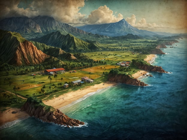 Äquatorialguinea ist ein kleines, zentralafrikanisches Land, das aus dem Festland und mehreren Inseln besteht. Es ist bekannt für seine vielfältigen Landschaften, die von dichten Regenwäldern bis hin zu atemberaubenden Stränden reichen.Auf dem Bild ist eine malerische Küstenlandschaft zu sehen. Die Szenerie zeigt sanfte Hügel, Berge im Hintergrund, und eine idyllische Küste, wo das Meer auf einen goldenen Strand trifft. Die grüne Kulisse wird von Palmen und landwirtschaftlichen Flächen geprägt, während die Gebäude am Ufer für eine ruhige, ländliche Atmosphäre sorgen. Diese Darstellung könnte typisch für die natürliche Schönheit und die landschaftliche Vielfalt Äquatorialguineas sein.