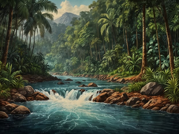 Auf dem Bild ist eine malerische Landschaft mit einem klaren Fluss, der durch einen dichten Dschungel fließt. Die Szenerie erinnert an die beeindruckende Natur im Kongo, wo Abenteuersuchende zahlreiche Aktivitäten genießen können.Hier sind einige Abenteueraktivitäten, die man im Kongo erleben kann:1. **Wildtier-Safaris**: Entdecken Sie die beeindruckende Tierwelt, darunter Gorillas und Elefanten, in den Nationalparks.2. **Rafting**: Fahren Sie mit einem Boot über aufregende Stromschnellen im Kongo-Fluss.3. **Wanderungen durch den Dschungel**: Erkunden Sie die atemberaubende Flora und Fauna bei geführten Touren.4. **Kultur- und Dorfbesuche**: Lernen Sie die verschiedenen Stämme und ihre Traditionen kennen.5. **Fotografie-Touren**: Halten Sie die atemberaubenden Landschaften und Wildtiere in Bildern fest.Diese Aktivitäten bieten unvergessliche Erlebnisse in der einzigartigen Natur des Kongo.