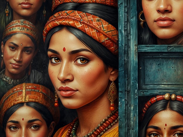 Auf dem Bild sind mehrere Frauen zu sehen, die traditionelle Kleidung und Schmuck tragen. Ihr Aussehen und ihre Accessoires könnten auf verschiedene kulturelle Hintergründe hinweisen, möglicherweise aus Ländern, in denen solche Traditionen verbreitet sind, wie Indien oder Nepal. Die Verwendung von Farben und Ornamenten in ihren Outfits spielt eine bedeutende Rolle in der Darstellung ihrer kulturellen Identität.Die Frauen scheinen in einer gemeinschaftlichen Atmosphäre zusammenzukommen, was die Bedeutung von Zusammenhalt und Tradition in vielen Kulturen unterstreicht. Die rituellen Elemente, wie zum Beispiel der rote Punkt auf der Stirn, könnten religiöse oder kulturelle Symbolik haben, die tief in der Tradition verwurzelt ist. Insgesamt vermittelt das Bild eine starke Botschaft der kulturellen Vielfalt und der Feier von Traditionen, die das Erbe und die Identität dieser Frauen repräsentieren.
