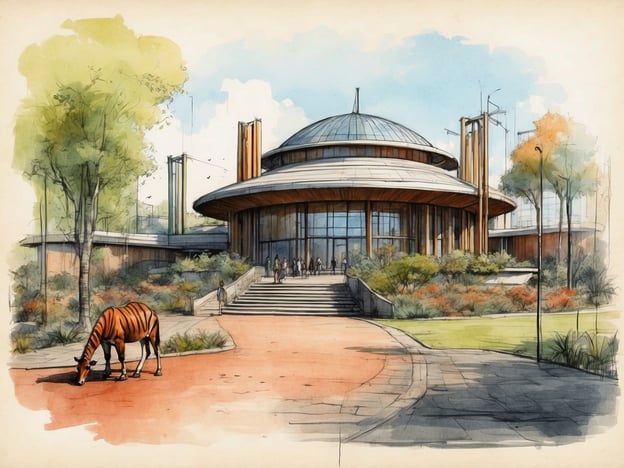 Auf dem Bild ist eine künstlerische Vision eines modernen Eingangsgebäudes für den Zoologischen Garten Berlin zu sehen. Das Gebäude hat eine beeindruckende runde Architektur mit einem geschwungenen Dach und großen Fenstern, die eine einladende Atmosphäre schaffen. Vor dem Gebäude grast ein Zebra, was auf eine gelungene Integration der Tiere in das Gestaltungskonzept hinweist. Umgeben ist das Gebäude von üppigem Grün, das den Besuchern ein naturnahes Erlebnis ermöglicht.Diese Zukunftsversion des Zoos betont eine harmonische Verbindung zwischen Gebäuden, Natur und Tieren. Sie spiegelt die Bestrebungen wider, eine innovative und nachhaltige Umgebung zu schaffen, die sowohl für die Tiere als auch für die Besucher ansprechend ist.