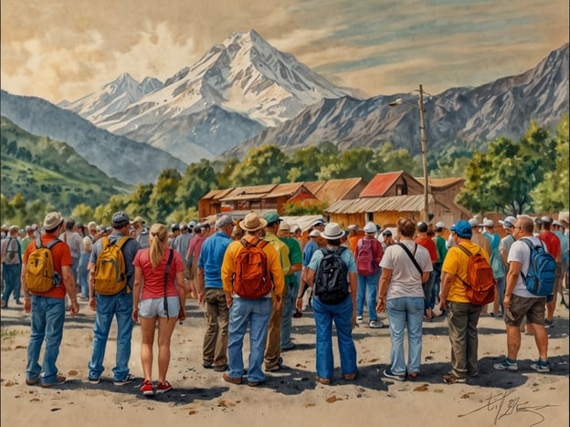Auf dem Bild ist eine Gruppe von Menschen zu sehen, die sich wahrscheinlich in einer landschaftlich reizvollen Umgebung mit Bergen im Hintergrund versammelt haben.**Herausforderungen:** Eine solche Versammlung in der Natur kann Herausforderungen wie Überfüllung oder Umweltschutz mit sich bringen. Auch die Verständigung innerhalb einer großen Gruppe und das Finden eines geeigneten Platzes können problematisch sein.**Chancen:** Andererseits gibt es hier auch viele Chancen. Die Menschen können möglicherweise neue Kontakte knüpfen, Erfahrungen austauschen und die beeindruckende Natur genießen. Solche Zusammenkünfte fördern oft das Gemeinschaftsgefühl und können für die Teilnehmer eine wertvolle Erholung darstellen.