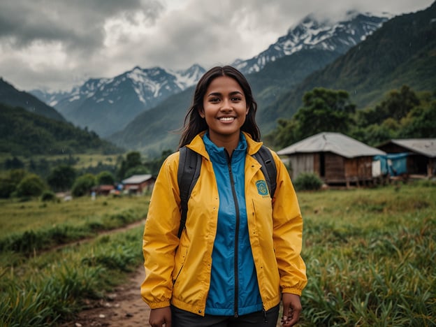 Auf dem Bild ist eine Person in einer gelben und blauen Jacke zu sehen, die in einer malerischen, gebirgigen Landschaft steht. Im Hintergrund sind hohe, schneebedeckte Berge und eine grüne Wiese zu erkennen, sowie einige einfache Gebäude.**Reisetipps:**1. **Kleidung:** Achte darauf, wetterfeste Kleidung zu tragen. In bergigen Regionen kann das Wetter schnell umschlagen.2. **Ausrüstung:** Ein Rucksack ist nützlich, um Snacks, Wasser und andere wichtige Dinge zu transportieren.3. **Sicherheit:** Halte dich an markierte Wege und informiere dich über die Gegend, in der du wanderst.4. **Kamerabatterie:** Vergiss nicht, deine Kamera oder dein Handy aufzuladen, um die beeindruckende Landschaft festzuhalten.5. **Respektiere die Natur:** Lass keinen Müll zurück und respektiere die lokale Flora und Fauna.