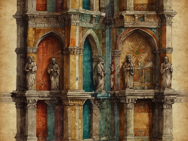 Auf dem Bild sind religiöse Figuren und architektonische Elemente zu sehen, die auf eine Vielfalt von religiösen Traditionen und deren Einfluss auf die Kultur hinweisen. Solche Darstellungen sind oft in Kirchen, Tempeln oder anderen religiösen Stätten zu finden und spiegeln die kulturellen und spirituellen Überzeugungen einer Gesellschaft wider.Die Präsenz verschiedener religiöser Symbole und Figuren zeigt, wie Religion die Kunst, Architektur und das gesellschaftliche Leben prägt. Diese Vielfalt kann zu einem harmonischen Zusammenleben verschiedener Glaubensrichtungen beitragen, indem sie den Austausch und das Verständnis zwischen den Kulturen fördert. Auch die künstlerische Interpretation religiöser Themen verdeutlicht, wie tief verwurzelt diese Überzeugungen im kulturellen Gedächtnis sind und wie sie die Identität einer Gemeinschaft formen.