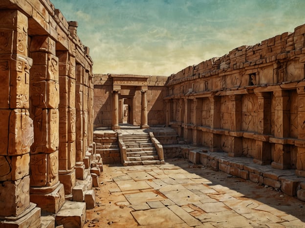 Auf dem Bild sind Überreste einer antiken archäologischen Stätte zu sehen, vermutlich ein Tempel oder ein ähnliches Gebäude. Die Säulen sind mit Hieroglyphen verziert, was auf die kulturelle und religiöse Bedeutung des Ortes hinweist.Die archäologischen Entdeckungen solcher Stätten spielen eine bedeutende Rolle im Verständnis der alten Zivilisationen, ihrer Architektur, Religion und ihres täglichen Lebens. Sie helfen, die historische Entwicklung der Menschheit nachzuvollziehen und liefern wertvolle Einblicke in soziale Strukturen, Glaubenssysteme und die Kunstfertigkeit vergangener Kulturen. Solche Entdeckungen fördern auch den interkulturellen Dialog und das Bewusstsein für das Erbe der Menschheit.