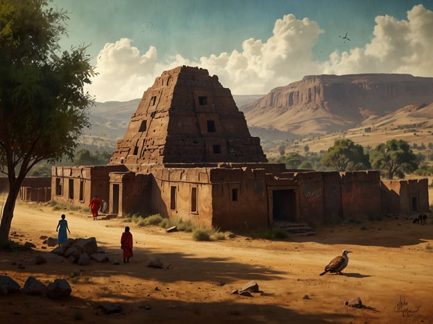 Auf dem Bild ist eine eindrucksvolle Landschaft mit einer alten, pyramidenartigen Struktur zu sehen, die an das historische Erbe Äthiopiens erinnern könnte. Solche Bauwerke können auf die reichhaltige Kultur und Geschichte des Landes hinweisen, insbesondere auf die Zeit der Aksum-Könige und ihrer bedeutenden architektonischen Leistungen.Äthiopien steht heute vor verschiedenen Herausforderungen, darunter soziale und politische Spannungen, wirtschaftliche Entwicklung und Umweltprobleme. Die Erhaltung und Wertschätzung historischer Stätten sind wichtige Aspekte der identitätsstiftenden Kultur. Gleichzeitig gibt es Bestrebungen, den Tourismus zu fördern, was zur wirtschaftlichen Entwicklung beitragen könnte. Die Balance zwischen Tradition und Modernität bleibt eine zentrale Herausforderung für das Land.