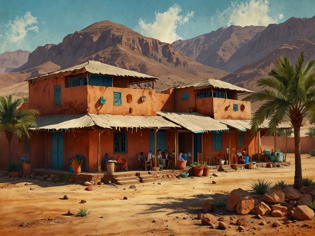 Auf dem Bild sieht man ein traditionelles, farbenfrohes Gebäude, das in einer ländlichen Umgebung in Eritrea angesiedelt sein könnte. Die Architektur zeigt eine Mischung aus mediterranen und afrikanischen Einflüssen, mit typischen blauen Fensterläden und einem Lehmmauerwerk.Um das Haus herum sind Menschen zu sehen, die in geselliger Runde zusammensitzen, was auf die eritreische Kultur der Gastfreundschaft hinweist. Die Landschaft im Hintergrund mit den Bergen und der trockenen Umgebung spiegelt die natürliche Schönheit Eritreas wider. Palmen und andere Pflanzen verleihen der Szenerie ein tropisches Flair. Dieses Bild vermittelt ein Gefühl von Gemeinschaft, Tradition und der engen Beziehung zur Natur in der eritreischen Lebensweise.