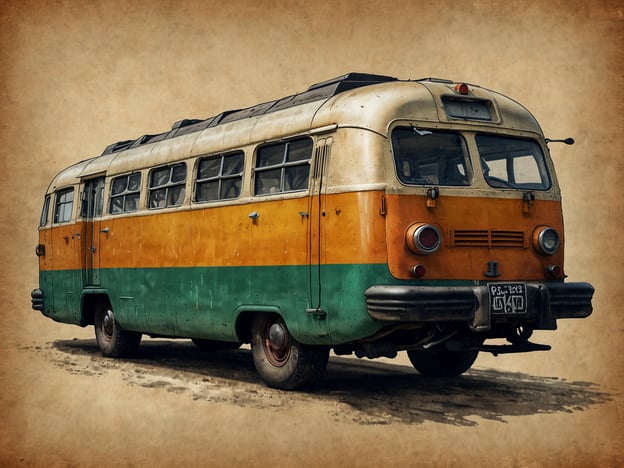 Auf dem Bild ist ein alter, bunt lackierter Bus zu sehen, der möglicherweise aus der Mitte des 20. Jahrhunderts stammt. Dieser Bus, mit seinen gelben und grünen Farben, repräsentiert eine Ära, in der die Mobilität und der öffentliche Nahverkehr große Herausforderungen darstellten.Die Entwicklung solcher Fahrzeuge hat es ermöglicht, dass Menschen einfacher von einem Ort zum anderen gelangen konnten, was die gesellschaftliche Mobilität erheblich verbessert hat. Gleichzeitig standen die Hersteller vor technischen Herausforderungen, um die Sicherheit und den Komfort der Fahrgäste zu gewährleisten.Ein solcher Bus könnte in ländlichen oder städtischen Gebieten einst als wichtiges Transportmittel gedient haben, bevor moderne Entwicklungen und Technologien die Gestaltung und Funktion von Bussen revolutionierten. Heute könnten solche Fahrzeuge nostalgische Erinnerungen hervorrufen und als Symbol für den Fortschritt in der Transportindustrie gelten.