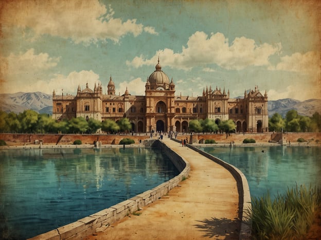 Auf dem Bild ist ein prächtiges Gebäude zu sehen, das von Wasser umgeben ist und auf einem Weg zugänglich ist. Die Architektur weist Merkmale auf, die auf einen historischen oder monumentalen Bau hinweisen, möglicherweise inspiriert von orientalischen oder indischen Stilen.Geografisch könnte ein solches Gebäude in Regionen wie Indien oder im Nahen Osten verortet werden. Eine solche Struktur könnte kulturelle oder administrative Bedeutung haben, wie etwa ein Palast, ein Museum oder eine bedeutende Institution.Die Umgebung mit Wasserspiegelung und den Bergen im Hintergrund lässt vermuten, dass es sich um eine malerische Landschaft handelt, die für Touristen von Interesse ist. Historisch könnte das Gebäude auch symbolisch für die Verbindung von Mensch und Natur stehen, was in vielen Kulturen eine wichtige Rolle spielt.