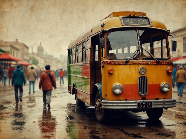 Auf dem Bild ist ein farbenfroher Oldtimer-Bus zu sehen, der auf einer belebten Straße steht. Menschen gehen in verschiedenen Richtungen, während einige Stände im Hintergrund sichtbar sind.In Dschibuti spiegelt sich kulturelle Vielfalt in den lebhaften Straßen und der Interaktion der Menschen wider. Das Land vereint verschiedene ethnische Gruppen und Kulturen, insbesondere die somalische und afarische Bevölkerung, sowie Einflüsse aus dem arabischen und französischen Erbe. Diese Diversität zeigt sich in der Kleidung, den Märkten und dem alltäglichen Leben. Der Bus könnte Teil des öffentlichen Verkehrs sein, der die verschiedenen Gemeinschaften miteinander verbindet und somit ein Symbol für diese kulturelle Mischung darstellt.