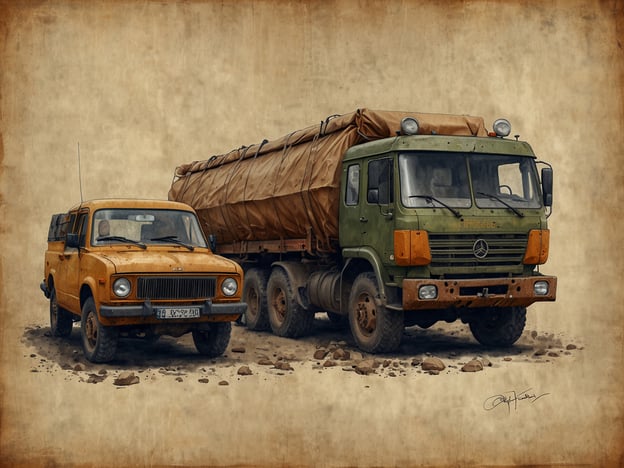 Auf dem Bild sind zwei verschiedene Fahrzeuge zu sehen, ein gelber Kleinwagen und ein großer Lkw. Diese Fahrzeuge können symbolisch für verschiedene politische und soziale Herausforderungen interpretiert werden.Der gelbe Kleinwagen könnte in diesem Kontext die Mobilität der Bevölkerung in ländlichen oder unterentwickelten Gebieten darstellen. Oft sind solche Autos in wirtschaftlich benachteiligten Regionen schwer zu besitzen oder zu warten. Der Lkw hingegen könnte symbolisch für die Transport- und Versorgungsproblematik stehen, die in vielen Entwicklungsländern besteht.Ein weiterer Aspekt könnte die Abhängigkeit von alten oder gebrauchten Fahrzeugen ansprechen, was in vielen Regionen auf bescheidene wirtschaftliche Möglichkeiten hinweist. Die Präsenz dieser Fahrzeuge in einer rauen Umgebung könnte auch auf infrastrukturelle Herausforderungen wie schlechte Straßenverhältnisse oder unzureichende Versorgungssysteme hinweisen.Insgesamt vermittelt das Bild ein Gefühl für die Mobilität, die oft in sozialen und politischen Kontexten eingeschränkt ist, und spiegelt die Herausforderungen wider, denen sich viele Menschen täglich gegenübersehen.