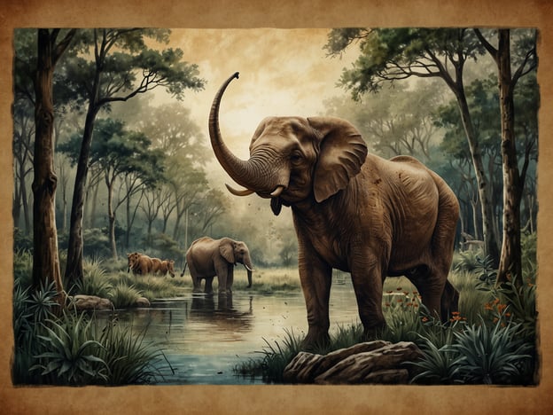 Die Natur Sambias ist geprägt von einer beeindruckenden Vielfalt an Tieren und Pflanzen. Die Nationalparks des Landes sind Heimat für zahlreiche Wildtiere und bieten atemberaubende Landschaften.Auf dem Bild sind mehrere Elefanten in einer malerischen Umgebung zu sehen. Ein majestätischer Elefant steht am Ufer eines Gewässers, während ein zweiter Elefant etwas weiter entfernt ebenfalls nah am Wasser ist. Hinter ihnen könnte sich ein weiteres Tier, möglicherweise ein Löwe, im Hintergrund befinden. Die Szenerie ist von üppigem Grün umgeben, mit Bäumen und strahlendem Licht, das durch das Blätterdach fällt, was dem Bild eine friedvolle und natürliche Atmosphäre verleiht.