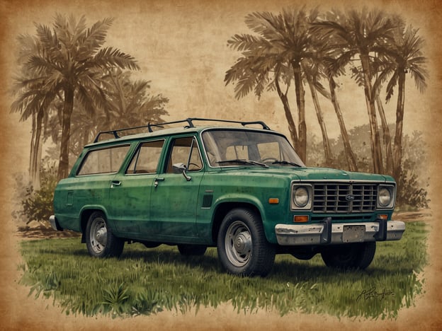 Auf dem Bild ist ein grüner Oldtimer-Wagen zu sehen, umgeben von einer natürlichen Umgebung mit Palmen im Hintergrund. Diese Darstellung könnte in den Kontext von nachhaltigem Tourismus eingeordnet werden, wo der Schwerpunkt auf der Erhaltung der Natur und der Integration von umweltfreundlichen Transportmitteln liegt.Ein solcher Oldtimer könnte als Symbol für Reisen in unberührte Naturräume gelten, wobei das Ziel darin besteht, den Massentourismus zu vermeiden und ein Bewusstsein für Naturschutz und umweltbewusstes Reisen zu fördern. Der Erhalt solcher Fahrzeuge in Verbindung mit einer nachhaltigen Nutzung könnte das Engagement für den Schutz der Umwelt unterstreichen.