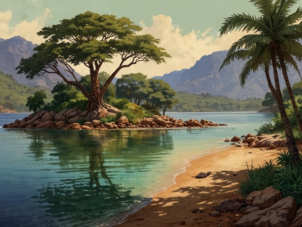 Auf dem Bild ist eine idyllische Landschaft zu sehen, die an einen tropischen Ort erinnert. Es zeigt einen ruhigen Wasserlauf, der von einem sandigen Strand gesäumt ist. Im Hintergrund erheben sich sanfte Berge, und am Ufer wachsen verschiedene Pflanzen, darunter Palmen und große Bäume. Dieser Ort könnte ein Teil der malawischen Natur sein, wo der Malawisee und die umgebende Landschaft bekannt sind für ihre Schönheit und Vielfalt.Malawi ist ein Binnenland in Südostafrika, das für seine herzlichen Menschen und beeindruckenden Landschaften berühmt ist, insbesondere den Malawisee, der als einer der größten Seen der Welt gilt. Dort findet man eine Vielzahl an Flora und Fauna, die ideale Bedingungen für Naturliebhaber und Touristen bietet.