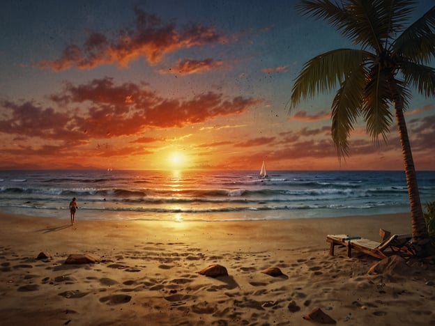 Auf dem Bild ist eine malerische Strandlandschaft bei Sonnenuntergang zu sehen. Es scheint, als könnte man hier gemütliche Spaziergänge am Strand genießen, während die Sonne langsam hinter dem Horizont verschwindet. Die sanften Wellen des Meeres laden zu einem erfrischenden Bad ein.Am Strand könnte man sich entspannen, mit einem Buch in der Hand auf einer Liege liegen oder das sanfte Rauschen der Wellen genießen. Das Segelboot im Hintergrund könnte für abenteuerliche Ausflüge auf dem Wasser stehen, während die Palmen eine tropische Atmosphäre schaffen, die zum Verweilen einlädt.