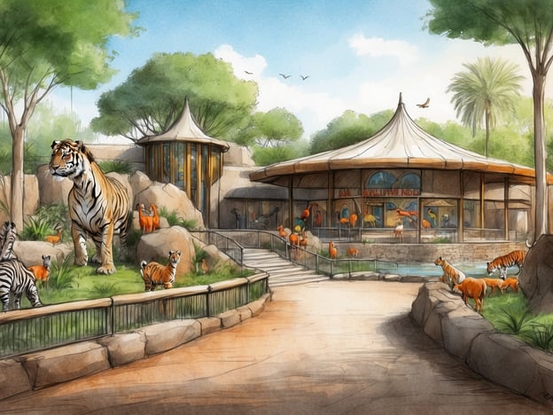 Auf dem Bild ist ein fantasievoller zoologischer Garten zu sehen, der verschiedene Attraktionen für Kinder bietet. Hier sind einige besondere Highlights:1. **Tiger und Zebras**: Die Kinder können majestätische Tiere wie Tiger und Zebras aus der Nähe beobachten, was ein aufregendes Erlebnis für Tierliebhaber ist.2. **Bunte Vögel**: In der Umgebung sind farbenfrohe Vögel (wie Flamingos) zu sehen, die das Interesse der Kinder wecken und viele Fragen über ihre Lebensweise anregen.3. **Spielmöglichkeiten**: Die Architektur mit den bunten Pagodendächern könnte Spiel- und Entdeckungsbereiche für Kinder beinhalten.4. **Naturerlebnis**: Die grüne Umgebung bietet eine tolle Möglichkeit, die Vielfalt der Natur zu erleben, was sowohl lehrreich als auch unterhaltsam ist.Insgesamt ist es ein einladender Ort, der sowohl Spaß als auch Bildung für kleine Besucher bietet.
